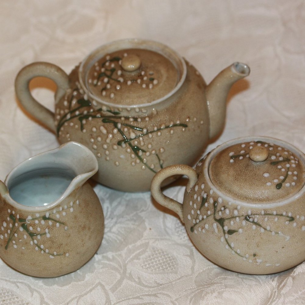 Vintage Tea Set Raised Flower Teapot sugar creamer Pottery Lily of the Valley